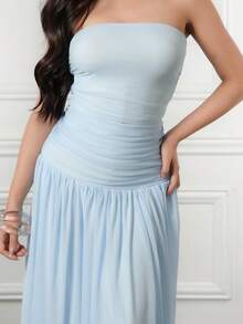 Criza Taa 2pcs/Set Women Vacation Romantic Pink Mesh Bandeau Top And High Waist Ruched Mesh Maxi Skirt, Spring/Summer - Baby Blue - View 6