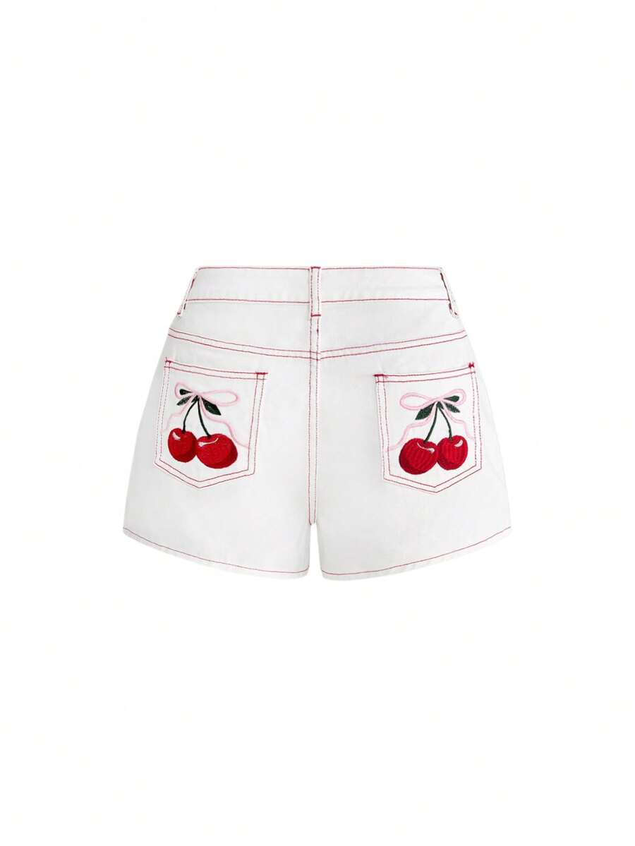 Sweetness Cute Casual Bowknot & Cherry Embroidery Contrast Color Pocket Denim Shorts For Girls - White - View 1