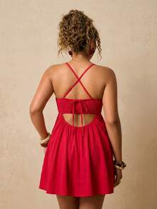 Travachic TRVLCHIC Plus Size Red Summer Satin Tropical Holiday Women Solid Color Pleated Camisole Dress Birthday Date Night Short Cute Vacation Outfits - Red - View 2