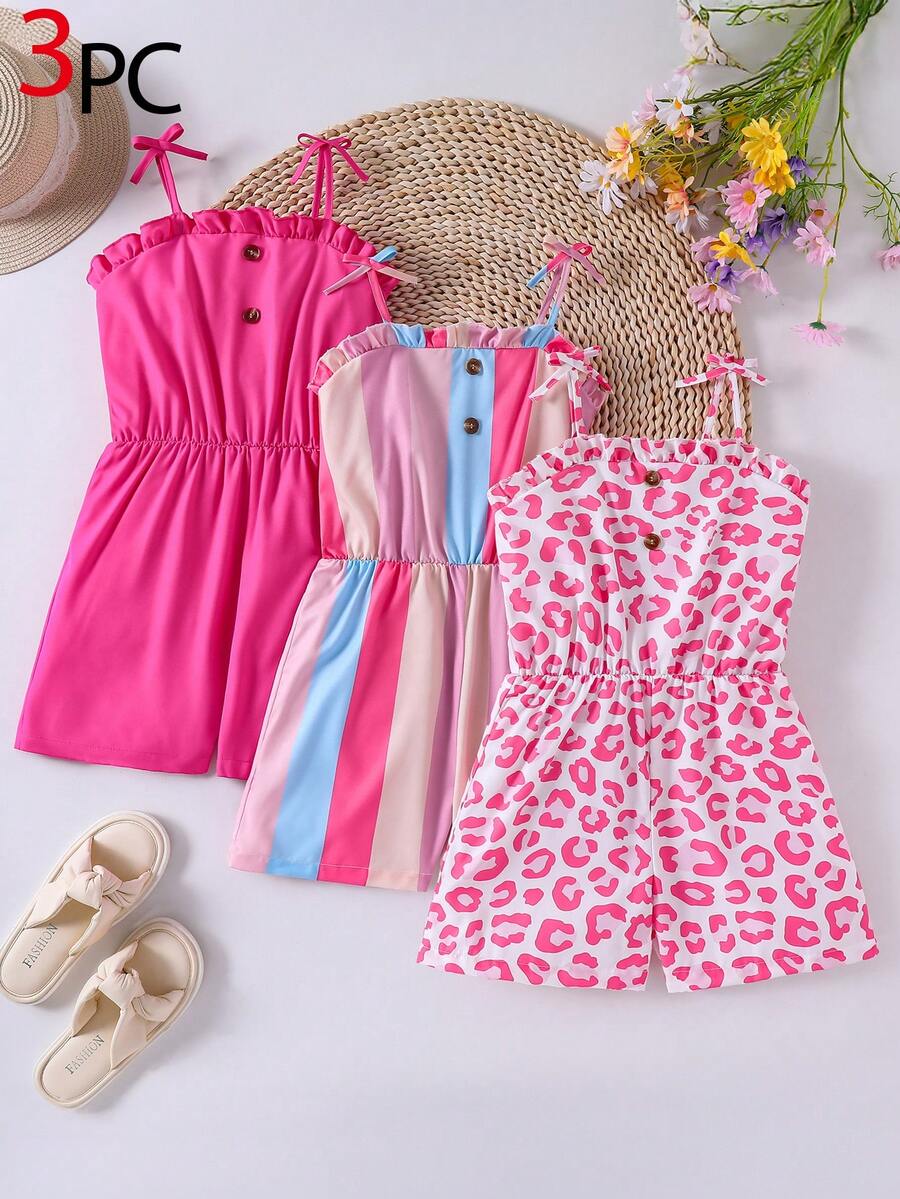 SHEIN Genkimix Kids 3件套少女休闲度假可爱碎花条纹纯色连体衣,适合多子女家庭、海滩度假、户外玩耍、上学等场合。 - 彩色 - 查看 1
