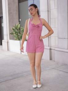 Andrea Bello Women's Cute Plaid Halter Tied Jumpsuit,Casual Summer Outfits - Red and White - View 3