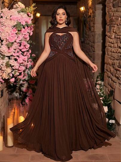 Aureia 大码优雅奢华棕色串珠亮片花卉蕾丝拼接弹力针织褶皱长裙，适合婚礼、派对、度假、盛会、正式场合（精致设计）