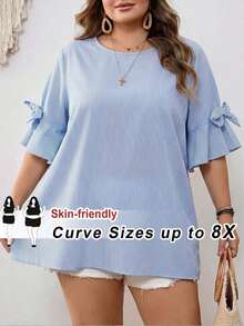 SHEIN CURVE+ Curve Size US22Music Festival, Seaside Vacation, Bohemia Women's Bow Decor Round Neck Fuchsia Shirt - Blue - View 2