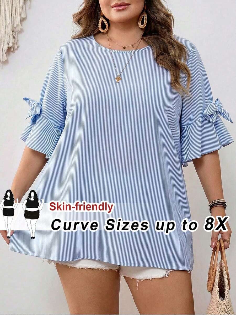 SHEIN CURVE+ Curve Size US22Music Festival, Seaside Vacation, Bohemia Women's Bow Decor Round Neck Fuchsia Shirt
