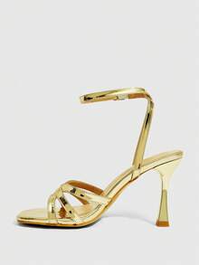 CUCCOO SZL Giày nữ cổ điển, sandal cao gót nữ, sandal quai chéo, gót mỏng, mũi vuông, thích hợp cho tiệc tối, công sở, đi làm, hẹn hò, trang phục gợi cảm. - Vàng - Xem 4