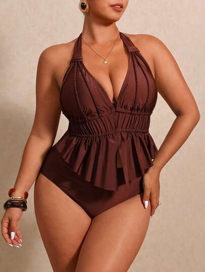 Elaquor Plus Size Women's Sexy Backless Tie-Front Halter Neck Bikini Set Set, Summer Beach Vacation