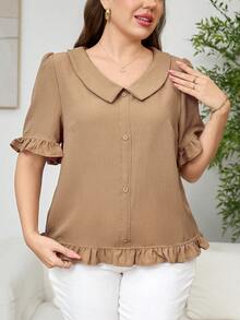 SHEIN Clasi 大码夏季休闲简约纯色纽扣装饰荷叶边下摆衬衫 - 駝色 - 查看 8