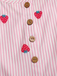 Conjunto informal de vacaciones de primavera/verano para niña preadolescente con top sin mangas con estampado de fresas dulces a rayas rosa y blanco, y pantalones rectos - Rosa - Ver 3
