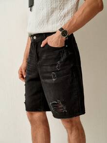 RONVEXI Men's Summer Casual Distressed Denim Shorts Black Jean Shorts Men - Black - View 9