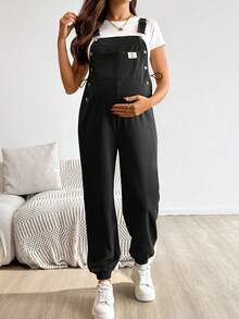 SHEIN Pregnant Women Casual Daily Pocket & Button Decor Jumpsuit - Black - View 6