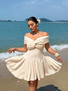 Sunnyshic Vestido ajustado plisado con hombros descubiertos de talla grande - Albaricoque - Ver 2
