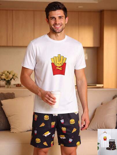 Velminro 男士趣味卡通薯条印花短袖上衣和短裤家居服套装，夏季