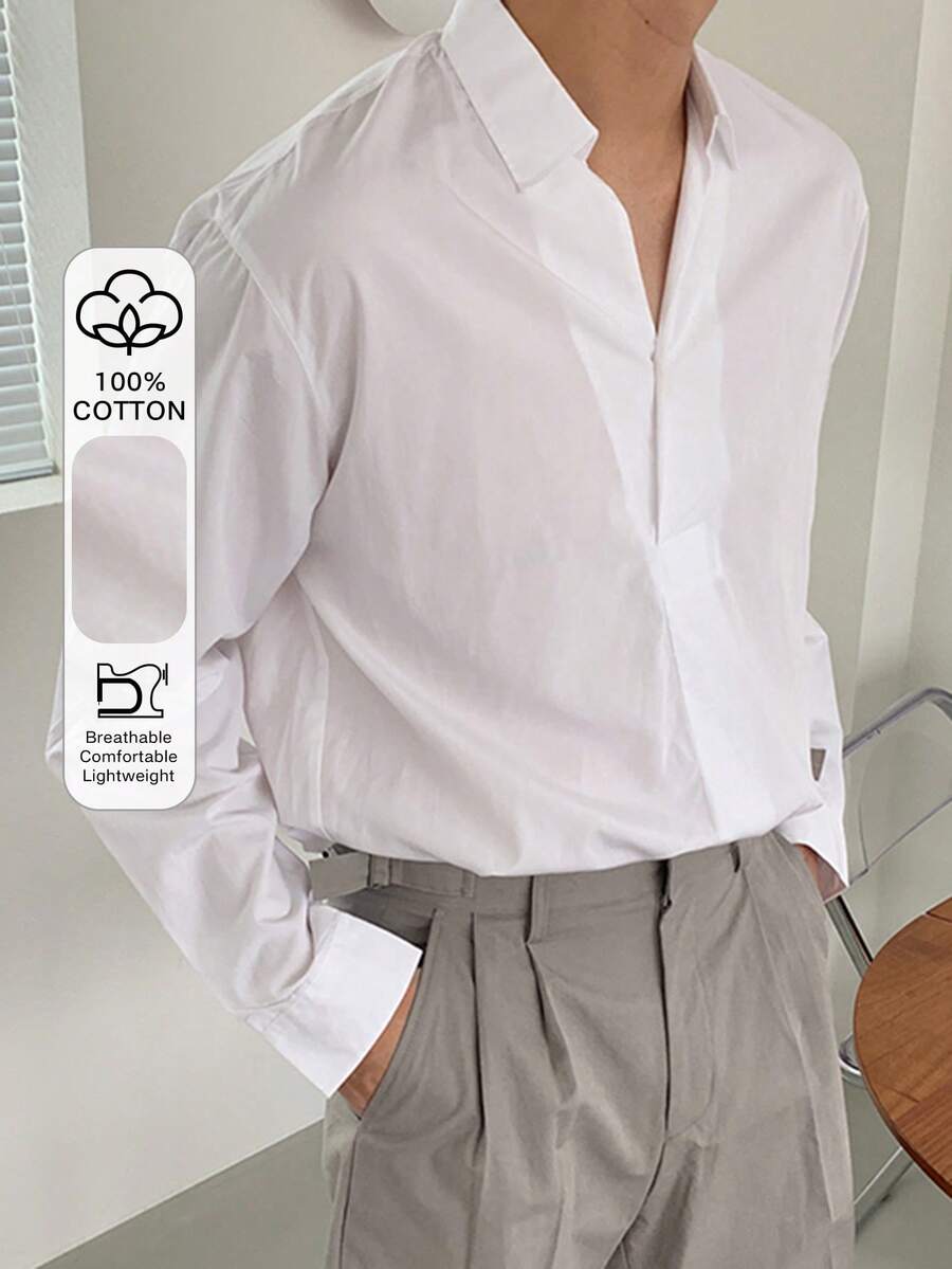 DAZY Men's Long Sleeve Shirt With Pleated Collar Design, Spring/Summer - White - View 1