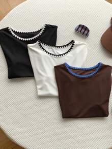 Comfortcana 3pcs Women Summer Casual Vacation & Commute Contrast Trim Cap Sleeve T-Shirt Set - Multicolor - View 8