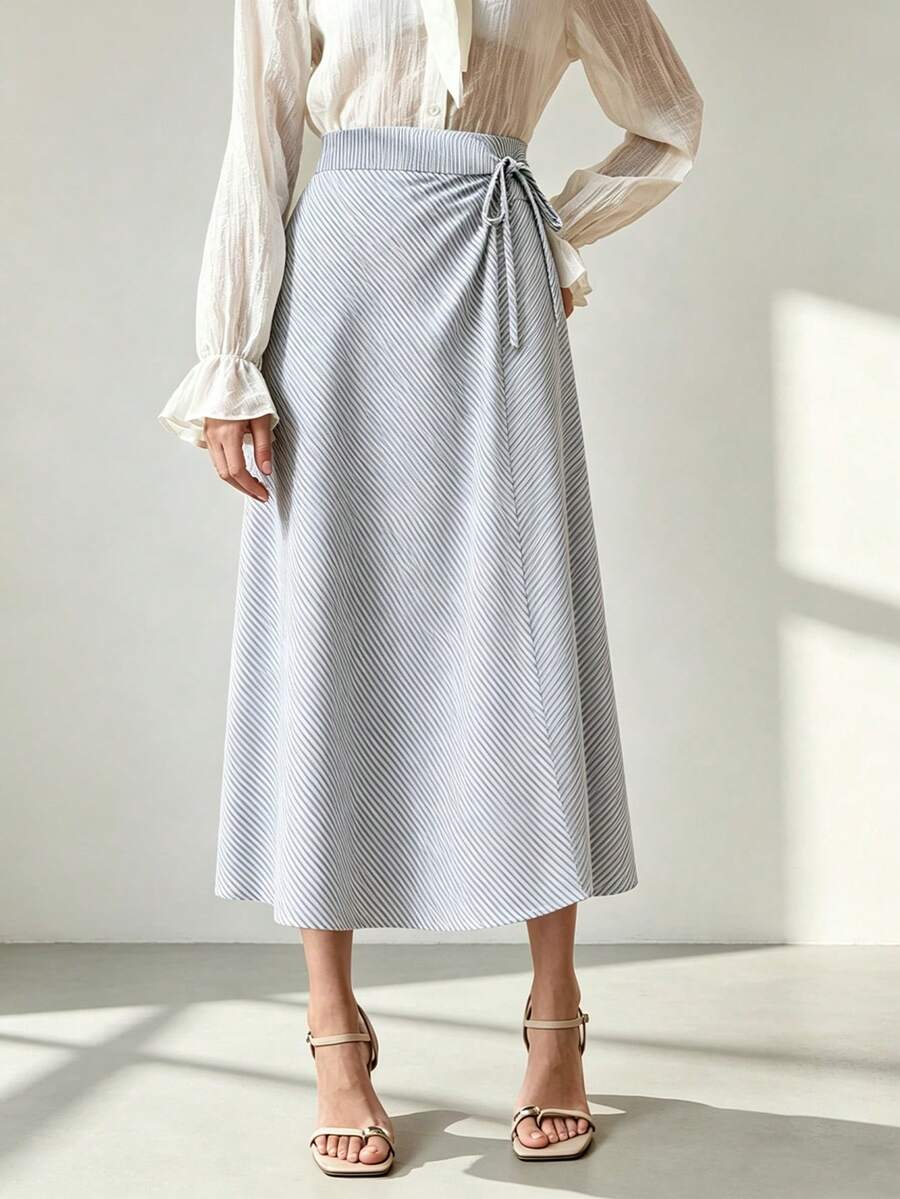 Uhlyne 女士优雅简约通勤休闲日常办公系带条纹针织灰白半身裙，适合春、夏、秋季穿着 - 淺灰色 - 查看 1