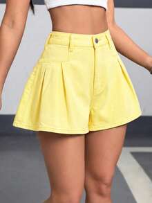 Shorts de mezclilla con pliegues de unicolor, cremallera y botón de moda para mujer - Beis - Ver 11