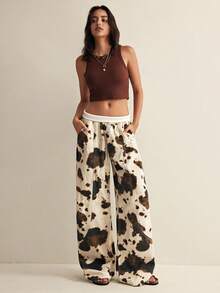 Easelle Women's Cow Print Pants, Milk Denim Wide Leg Loose Cotton Trousers, Autumn Oversized City Breaks, Casual Country Concert Summer Y2k Pants - Multicolor - View 2