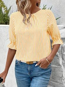 EMERY ROSE Women's Casual Striped 3/4 Sleeve Shirt For Summer - Orange - View 2