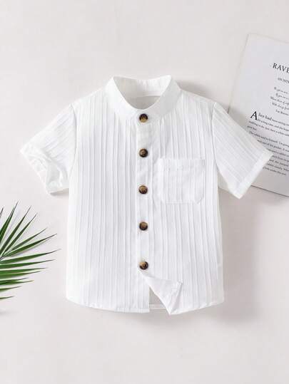 1件男童立领条纹纹理口袋短袖衬衫，休闲时尚夏季装扮，适合生日派对、周年纪念日等场合