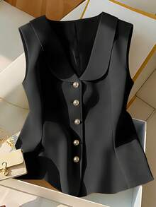 SHEIN Franclia Áo kiểu không tay màu vàng thanh lịch, kiểu dáng sang trọng và tôn dáng cho nữ mùa hè. - màu đen - Xem 3