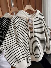Franclia Women's Striped Hooded Casual Loose Sweatshirt Striped Sweatshirt Striped Long Sleeve Stripe Shirt Cute Casual Tops Striped Sweatshirt - Multicolor - View 1