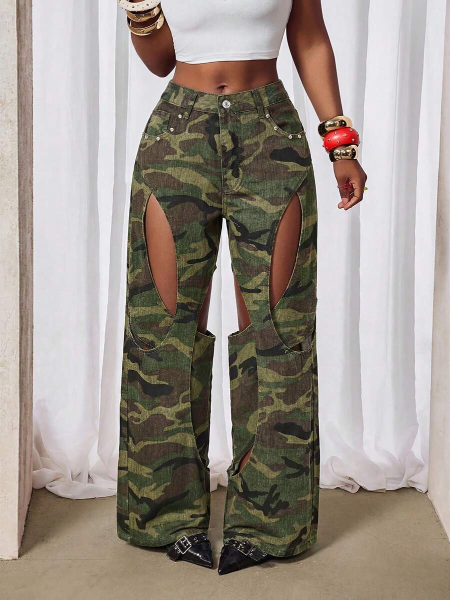 SHEIN SXY Quần jeans nữ ống rộng màu xanh quân đội, họa tiết rằn ri, đinh tán kim loại rỗng. - xanh quân đội - Xem 1