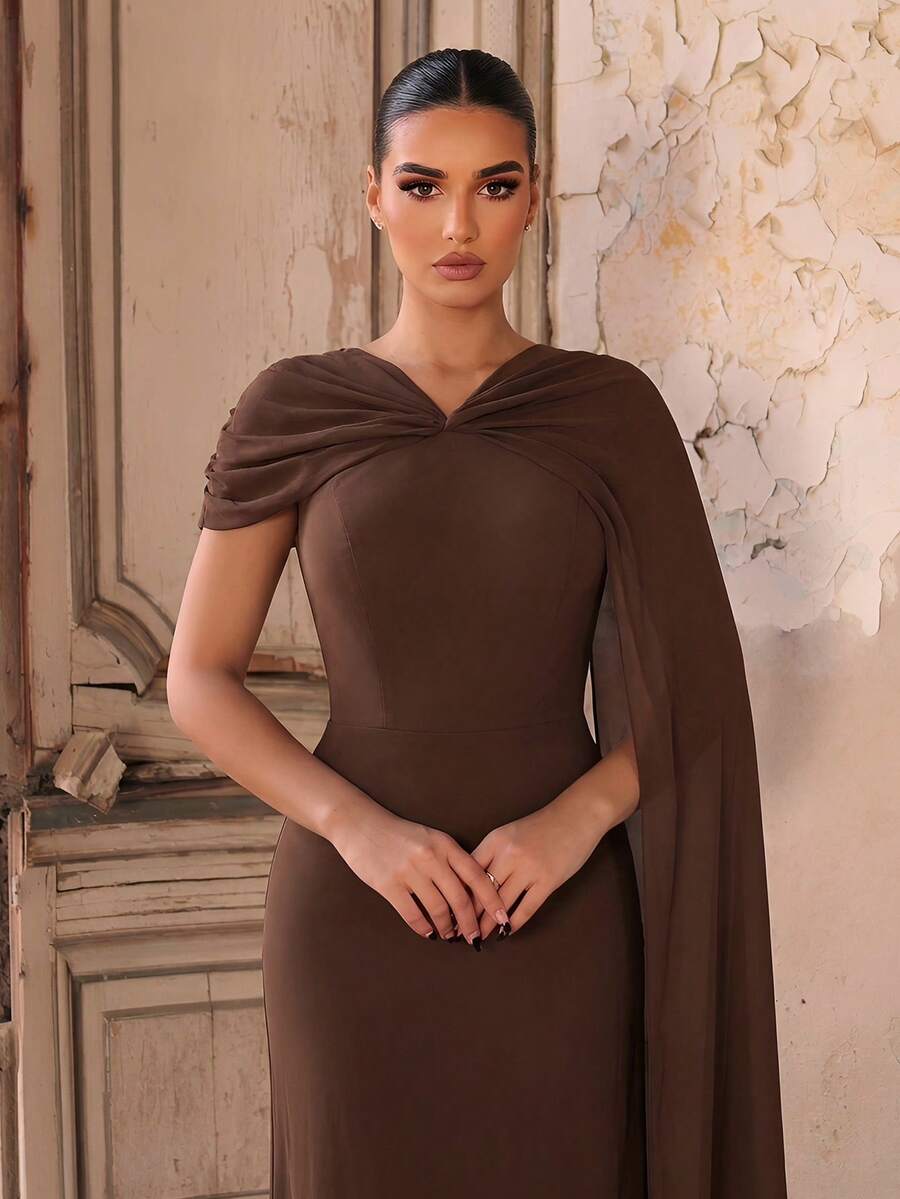 Elegant, Simple, And Stylish, This Dark Brown Dress Features An Asymmetrical Neckline, Flowing Sleeves, And An A-Line Silhouette. Perfect For Weddings, Bachelor/Bachelor Parties, Vacations, Proms, Dinners, And Bridesmaid Dresses.