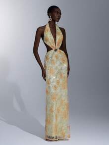 Elitara 优雅、浪漫、时尚、性感杏色印花珠饰面料深V领露背A字连衣裙，优雅派对礼服，婚礼宾客礼服，单身派对礼服，假日度假礼服，沙滩派对礼服，鸡尾酒会礼服 - 杏色 - 查看 4