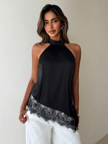 Aloruh Blusa de mujer con parches de encaje, bajo asimétrico en negro con ribete de satén y encaje - Sexy para blusas elegantes de mujer, blusas elegantes para mujer, atuendos casuales de negocios para mujer, atuendos casuales de negocios, atuendos casuales modestos, top de verano negro, top asimétrico negro, top con ribete de encaje - Negro - Ver 4