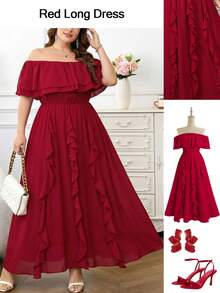 Ellevyn Plus Size Women's Elegant Red Satin Flowing Dress,Off-Shoulder Ruffle Patchwork Summer Party Outfits,Suitable For Weddings,Formal Occasions & Carnival - Red - View 2