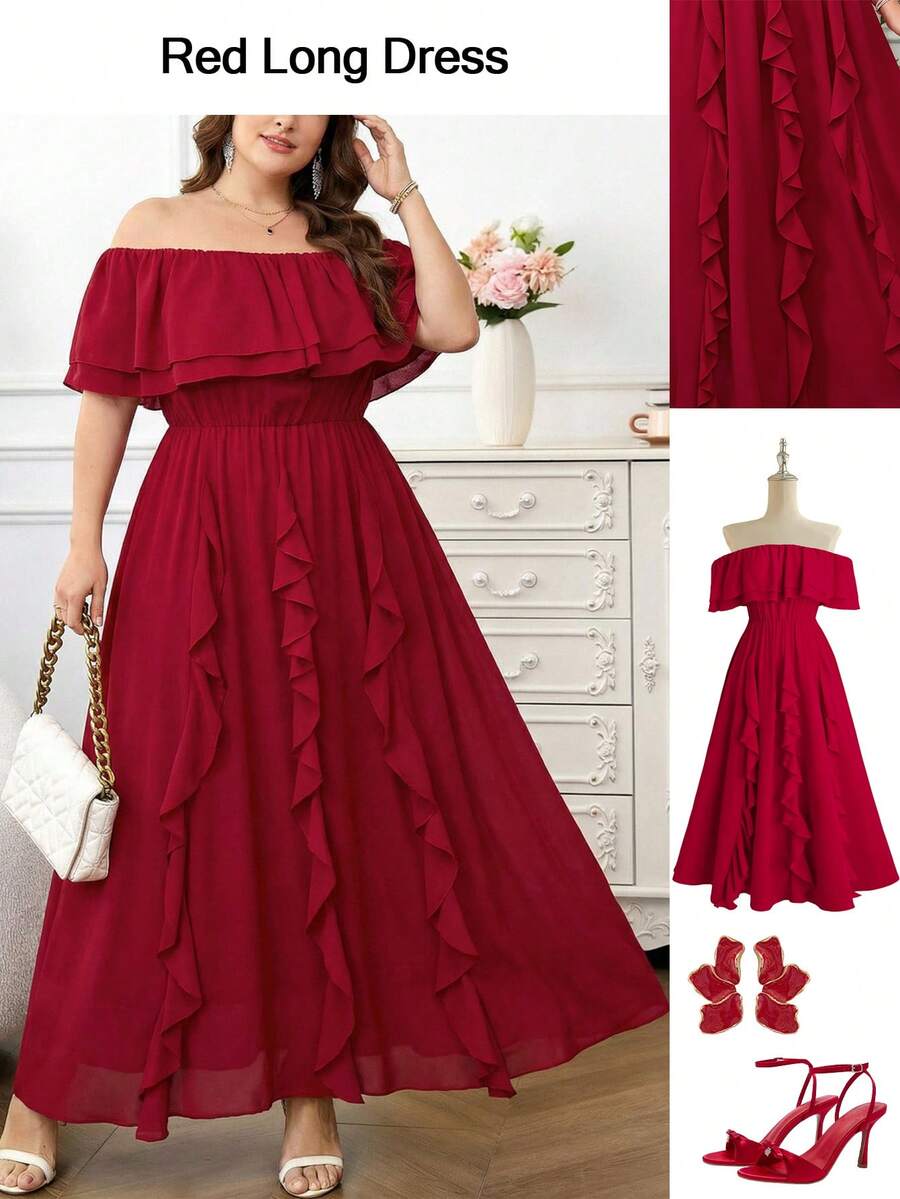 Ellevyn Plus Size Women's Elegant Red Satin Flowing Dress,Off-Shoulder Ruffle Patchwork Summer Party Outfits,Suitable For Weddings,Formal Occasions & Carnival