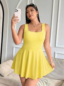 Solflare Mono sin mangas de un solo color con bolsillos para mujer de talla grande, conjunto de una pieza en amarillo pálido - amarillo ganso - Ver 5