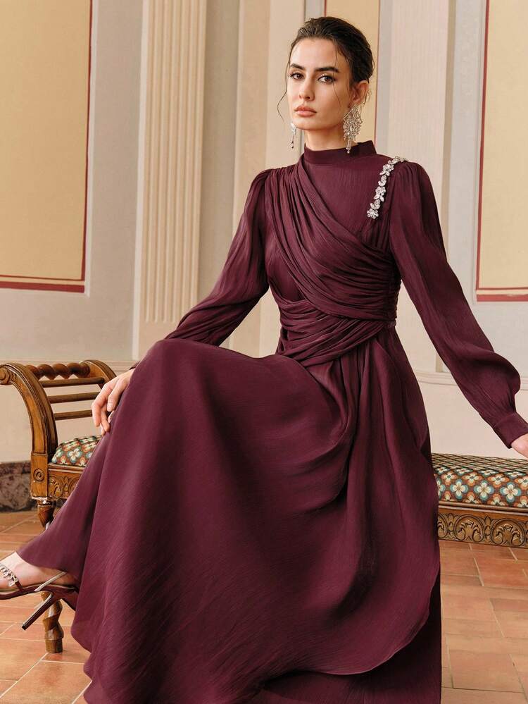 Vestido Elegante Franzido e Cintilante com Mangas Longas, Adequado para Primavera/Verão, Festa, Casamento, Ano Novo, Dia dos Namorados