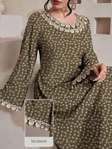 Al Najma Vestido Árabe Elegante de Manga Longa com Babado na Barra, Estampa Floral em Veludo de Seda Tecido, Primavera/Verão para Mulheres - Caqui - Visão 1