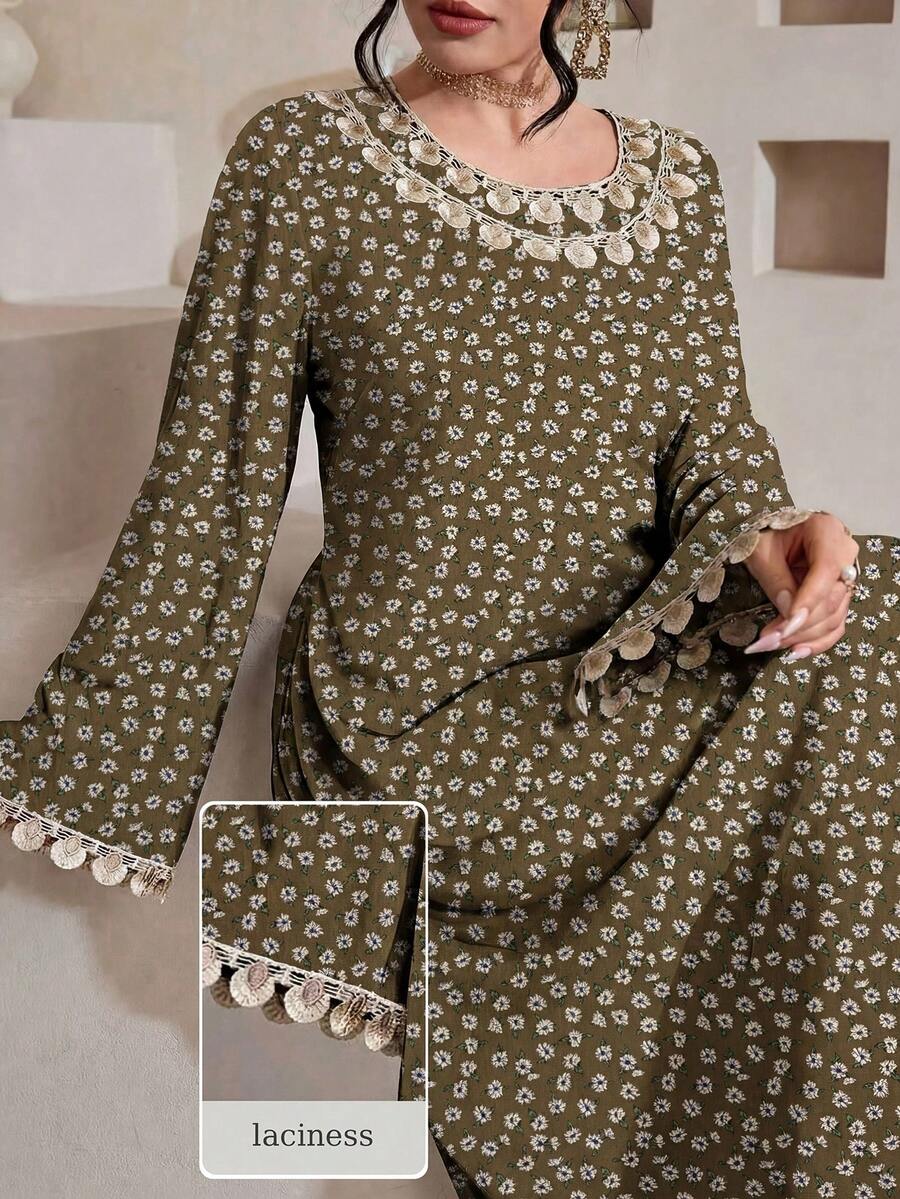 Al Najma Vestido Árabe Elegante de Manga Longa com Babado na Barra, Estampa Floral em Veludo de Seda Tecido, Primavera/Verão para Mulheres - Caqui - Visão 1
