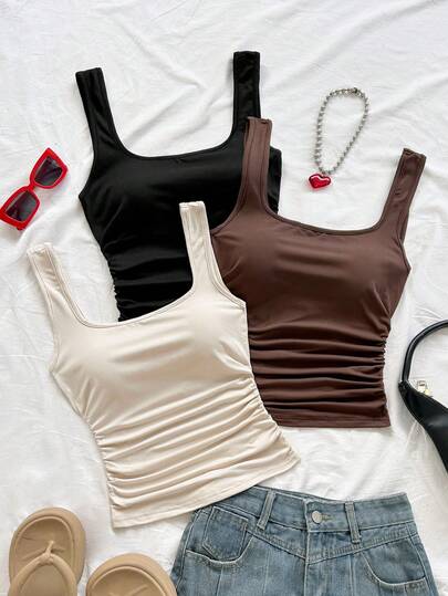 Soleia Spring/Summer New Casual Vacation Western Beach Wedding Guest Attire Graduation Brunch St. Patrick's Day Spring Break Easter Music Festival Elegant Boho Tropical Chic Women Square Neck Pleated Knit Tank Top For Date, Valentine's Day