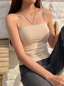 DAZY 女款純色百褶休閒百搭日常穿著細肩帶上衣 夏季上衣 - 杏色 - 查看 3
