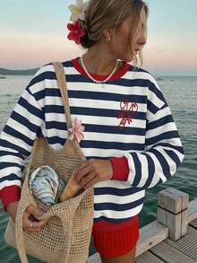 SHEIN EZwear 女士休闲条纹龙虾印花宽松圆领长袖卫衣，适合度假和夏季穿着 - 彩色 - 查看 3