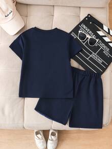 SHEIN 2pcs/Set Toddler Boys' Casual Fashion Denim Patchwork Pocket Short Sleeve Round Neck T-Shirt And Shorts Set, Suitable For Spring/Summer Casual, Outdoor, Daily Wear - Navy Blue - View 2