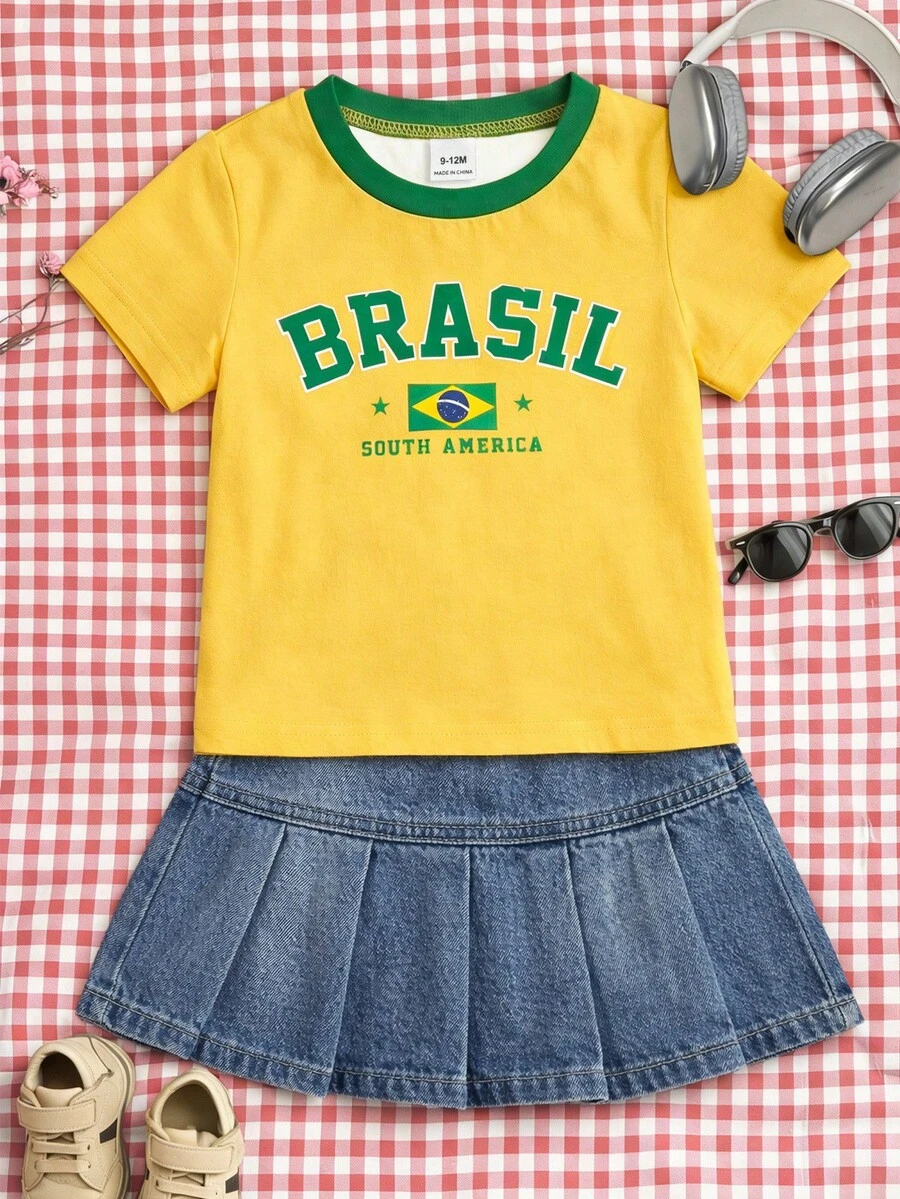 SHEIN Playful Pals 女婴经典英文图案黄色短袖套头T恤，女婴服装，女童套头衫，女童T恤，女婴巴西上衣，适合春夏穿着，尺码6个月至3岁 - 黃色 - 查看 1