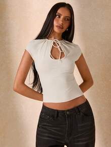 SHEIN BAE Women's Off-White Elegant Hollow Out Ruched Tight Fitting Blouse,Summer Casual Vacation Fashionable Outdoor Work Brunch Basic Essential Daily Top - White - View 5
