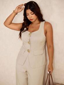 Hourglow Plus Size Women Metal Floral Decor Vest And Pants Elegant 2 Pieces Set, Business Casual Woman, For Hourglass Body Shape, For Body Shape, For Summer - Khaki - View 6