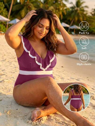  ELLERISSA Plus Size Womens Frill Strap V Neck Purple And White One-Piece Swimsuit, Tailored & Flattering, Sexy Summer Swimsuit, Resort Wear, For Summer Beach Vacation, Swimwear For Women, Curve Swimsuit, Bathing Suits For Women