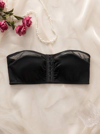 性感透视网纱拼接内衣，前扣单肩文胸，女士无钢圈文胸