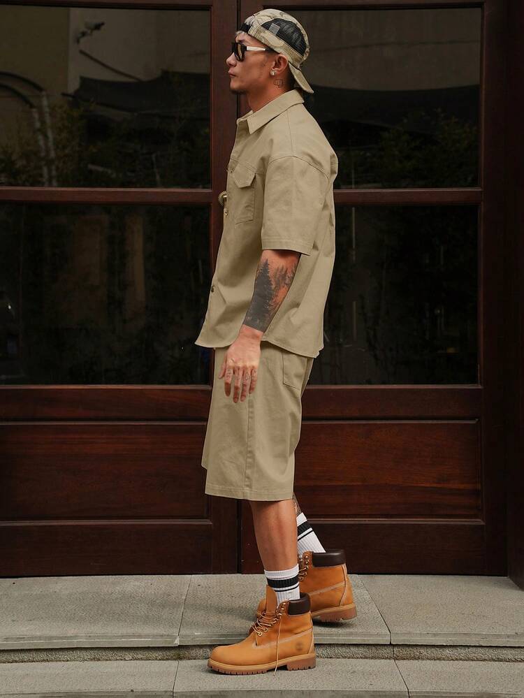 Men's Solid Color Shirt Set, Spring/Summer Workwear Short Sleeve Shirt & Shorts 2-Piece Set