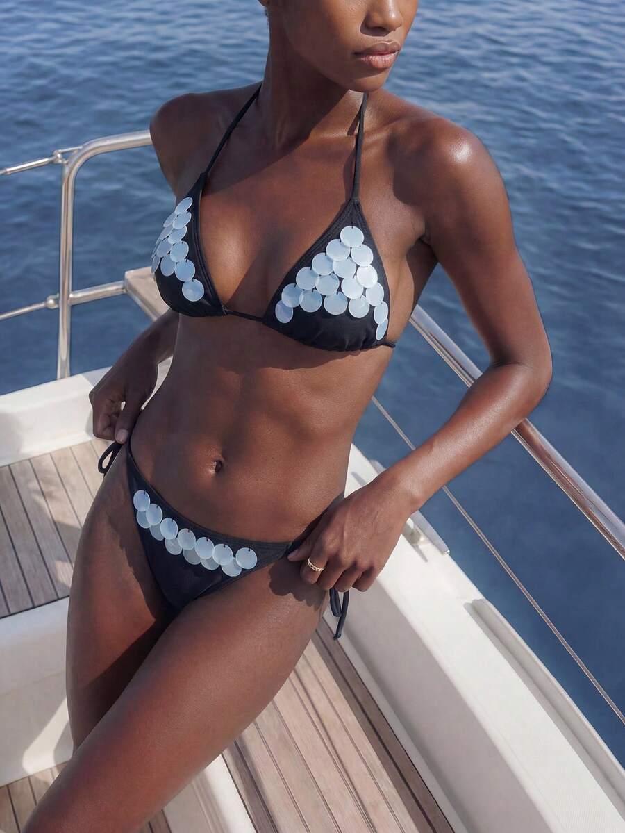 Maija Bộ bikini gợi cảm buộc dây cổ, đính sequin, thích hợp cho mùa hè đi biển dành cho nữ. - màu đen - Xem 1