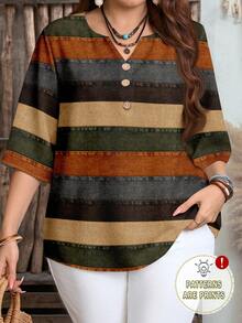 EMERY ROSE Casual Textured Colorblock Striped Print V-Neck Shirt, Minimalist Plus Size Shirt Suitable For Summer - Multicolor - View 1