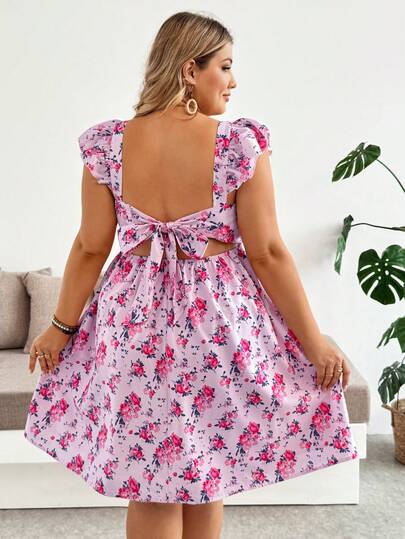 SHEIN Đầm bầu cỡ lớn in hoa, buộc dây phía sau, tay bồng.