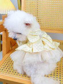 PETSIN 1 pieza Vestido de lujo para mascotas (gatos/perros) con estampado de cuadros en color dorado champán, decorado con rhinestones y grandes lazos en estilo princesa para perros pequeños - Champán - Ver 10