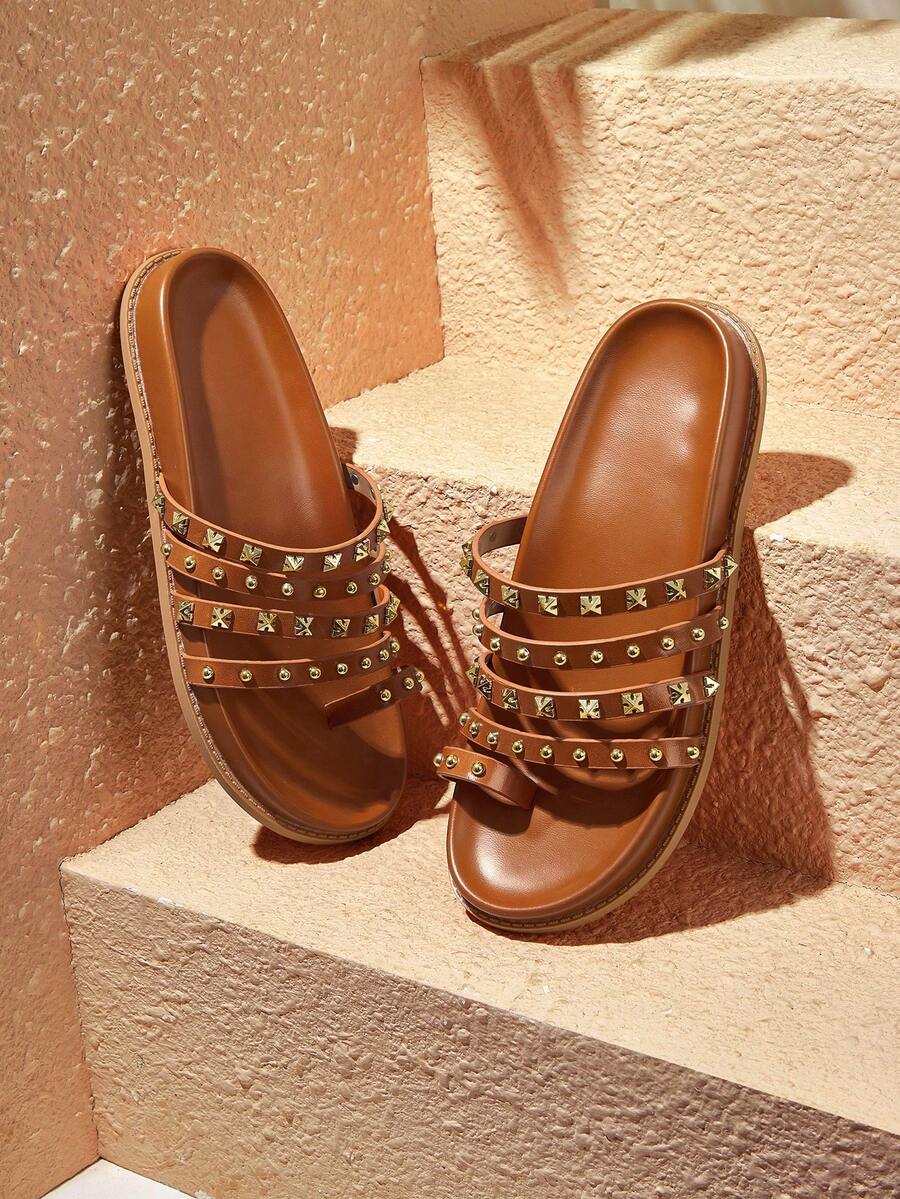 HighSole 女士时尚休闲家居户外步行亮金色铆钉平底凉鞋 - 棕色 - 查看 1